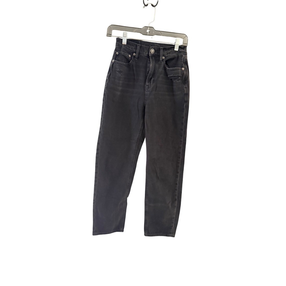 American Eagle Women Mom Jeans Black Distressed High Rise Denim Pants Size 0 Reg
